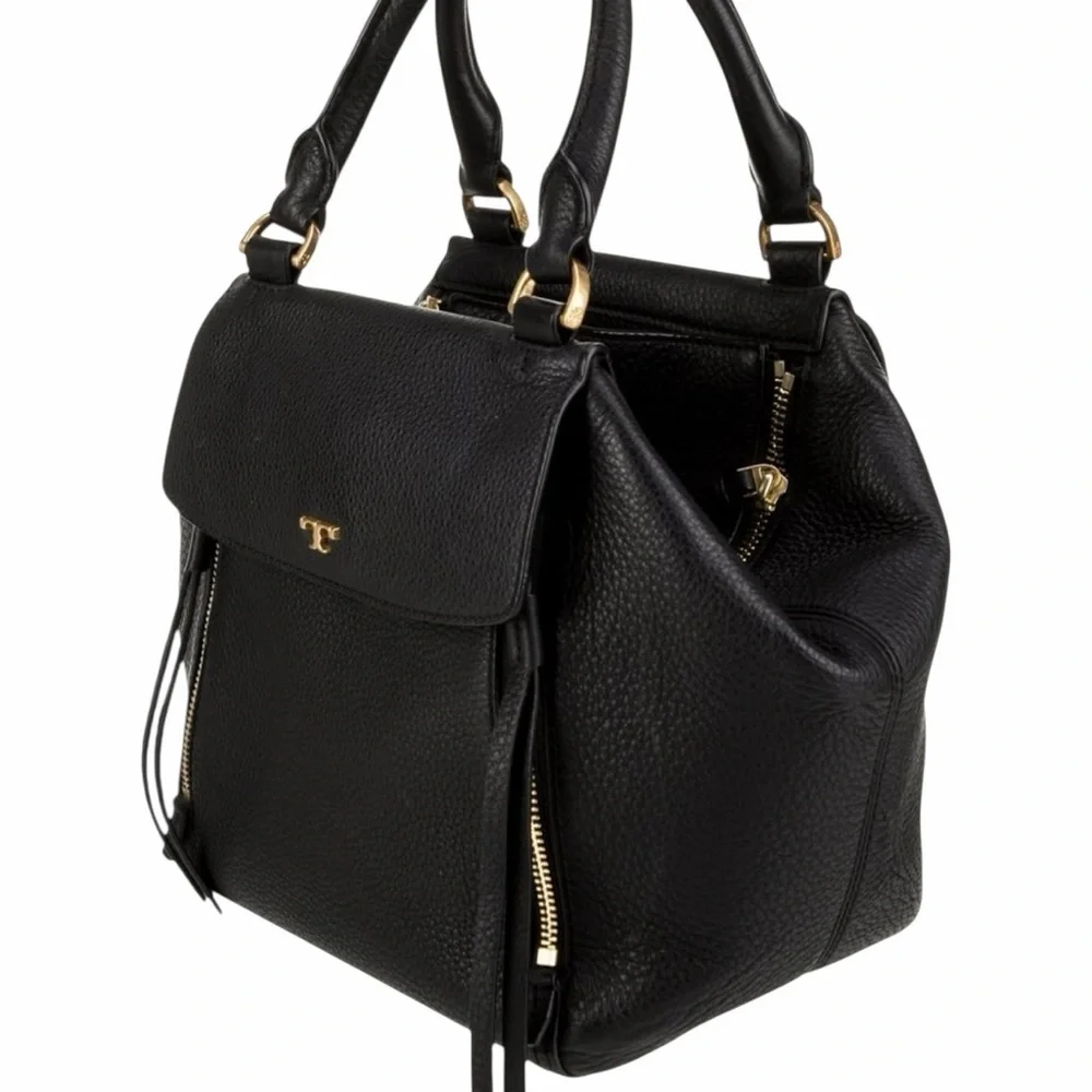 Tory Burch Black Half Moon Pebbled Leather Sachel Bag Gold Hardware Crossbody - Picture 4 of 16